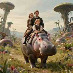 film still from a sci fi blockbuster movie made in 2022, set in 1860, of a family riding on the back of alien hippos, on an alien planet, across an alien landscape that is full of strange wild alien plants and flowers, family are wearing 1850s era clothes, cinematic lighting, 4k, in focus faces, good quality lighting, good quality photography, oscar winner