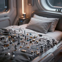 Interior of a small and  futuristic bedroom cluttered with small robot parts, close up, Wadim Kashin, Simon Stalenhag,  XF IQ4, f/1.4, ISO 200, 1/160s, 8K, RAW, featured in artstation, octane render, cinematic, elegant, intricate, 8k