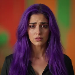 portait centred photo of haifa wehbe, very beautifull face, sadness look, long purple hair, hd, unreal engine, final fantasy style amazing red orange green background theme