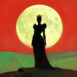 queen the moon, by frank frazetta, alien landscape, vibrant colors, red green yellow, minimalist