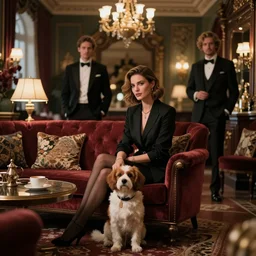 high fashion photoshoot octane render portrait by wayne barlow and carlo crivelli and glenn fabry, subject is a single pretty woman lonely petting her dog inside a high - end exotic vintage boutique hotel lounge, very short depth of field, bokeh w 1 0 2 4