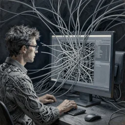 photo of a programmer composed of wires, web of wires, at the monitor, gray gamma, gray wires, mid shot, norman rockwell, tim hildebrandt, viktor safonkin, dariusz zawadzki, bruce pennington, larry elmore, intricate details, hyperrealistic oil painting on canvas, deep depth field