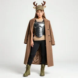 portrait of ariana grande wearing a knitted armored tanktop, skinny pants, army boots, long tailored coat, deerstalker hat and round glasses