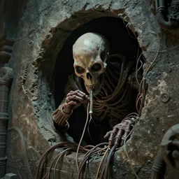 movie still frame, harkonnen spy hidden in a wall, feeding on wires and tubes, intricate details, beautiful composition, 8 k, cgi, by ridley scott, james cameron, zack snyder and michael bay