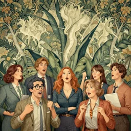 illustrative image of people gets mind blown, networking, detailed illustration, octane render : : william morris style, trending on artstation