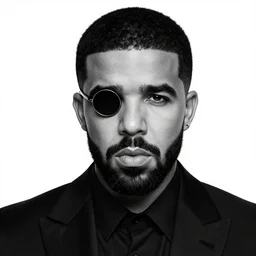 monochrome head portrait of drake wearing a black suit and a monocle with a serious expression on his face, black background, 8 k, very intricate, very detailed,