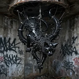 ASYMMETRICAL irregular enochian brutalist black-metal spiraling jagged cat made of glossy black liquid latex and industrial hardware, hanging from ceiling in abandoned storm drain covered in blackmetal style graffiti, designed by nancy grossman, anish kapoor, herman nitsch, directed by david cronenberg, 8k, hyperrealistic, hyper-detailed, highly textured, gloss finish, sharp focus, dark volumetric lighting