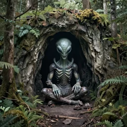 high quality scary alienated monster statue sitting at the entrance of a cave in the middle of a forrest, highly detailed, cinematic smooth, stephen shore & john j. park, soft morning light, wide shot, high angle, uhd 8 k, deep focus