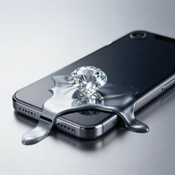 wide angle shot of an iphone melted with a diamond, hd, volumetric lighting, 4 k, intricate detail, by jesper ejsing, craig mullins