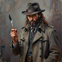 palette knife oil painting of the norse god tyr as a noir detective with a missing hand. fedora, trenchcoat. extreme detail. artstation trending, any racial background, artgerm, deviant art, octane, substance, art history 8 k