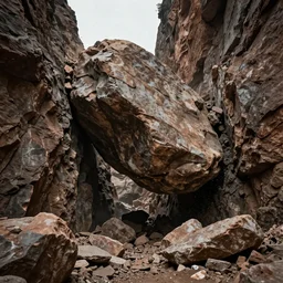massive boulder crashing against the wall of a rocky valley in hell, hyper realistic, 5 0 mm, octane render, cinematic lighting