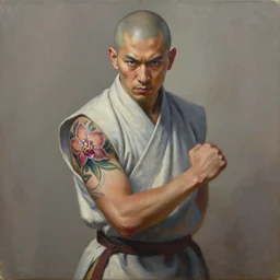 A matte oil on canvas painting of a male martial artist monk, orchid arm tattoos  by greg rutkowski and artgerm, trending on artstation,  dungeons and dragons art