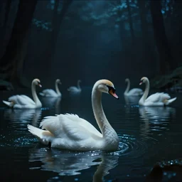 dark eerie movie frame, greek fantasy panorama, elegant shining swan in the magic shining river styx, at night, otherworldly, andrei tarkovsky, 1 7 mm, wide shot, surreal, deep
