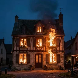 1 9 7 0 s movie still of a heavy burning french style townhouse in a small french village by night, rain, heavy smoke, cinestill 8 0 0 t 3 5 mm, heavy grain, high quality, high detail, dramatic light, anamorphic, flares