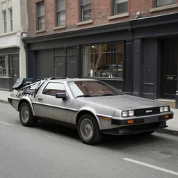 a delorean parked on the street, 2015, wide shot, panoramic