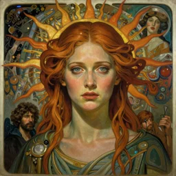 stunning, breathtaking, awe-inspiring award-winning concept art nouveau painting of attractive Tilda Swinton as the goddess of the sun, with anxious, piercing eyes, by Alphonse Mucha, Michael Whelan, William Adolphe Bouguereau, John Williams Waterhouse, and Donato Giancola, cyberpunk, extremely moody lighting, 8K