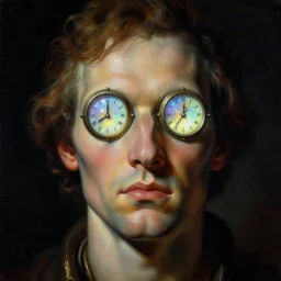 baroque neoclassicist close - up sci - fi portrait of a retrofuturistic man with a clock for eyes. iridescence. dark black ominous background, glowing atmosphere. highly detailed science fiction fantasy painting by norman rockwell, frank frazetta, and syd mead. rich colors, high contrast, gloomy atmosphere. trending on artstation and behance.
