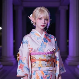 a beautiful blond fearie wearing a colorful yukata at night, roman columns, dark moody purple lighting, vaporwave, by jeremy mann and alphonse mucha, dramatic lighting, ethereal, stunning, breathtaking, awe - inspiring award - winning, 8 k