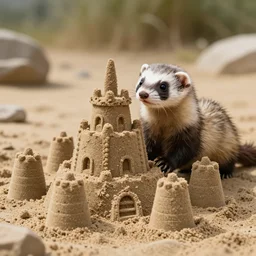 An adorable ferret making a giant sandcastle, hyperdetailed, artstation, cgsociety, 8k