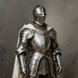 man in decorated 15 century crusader armor, helmet and white cape drawn by greg rutkowski realistic high detail