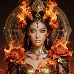 front full portrait of a beautiful oriental cyborg warrior woman, green eyes, gold lips, entwined in flowers and fire, crown of fire, highly detailed, sci - fi, intricate time machine, decadent, highly detailed, octane render, concept art, smooth, sharp focus, hyper - realistic