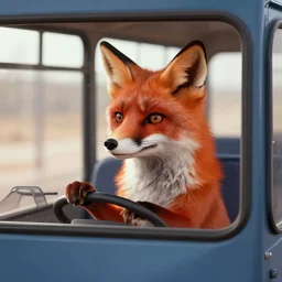 anthropomorphic red fox driving bus