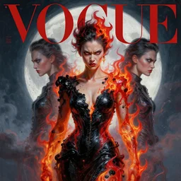 3 d, angry fashion model, flame, liquid black and red water, moon, vogue cover style, poster art, high detail, intricate oil painting, multiple exposure, heaven mood, hyperrealism, 3 d, by tooth wu and wlop and beeple and greg rutkowski