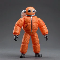 still single slender figurine of a tall giant inflated space man action figure wearing over sized orange puffy bomber jacket, long bendy arms and legs, googly eyes, tareme eyes, small head, personification, dynamic pose, detailed product photo, tone mapped, beautiful composition, 8 5 mm, f 5. 8, soft lighting