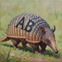 a painting of an armadillo with a huge alpha drawn on its back in calligraphy