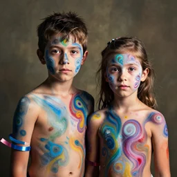 a portrait of a boy and a girl with body paint, half figure, fractal shapes, cinematic lighting, ribbons,