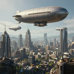 a dieselpunk city with metal airships flying above, high details, photorealistic, unreal engine, concept art, HD, artstation