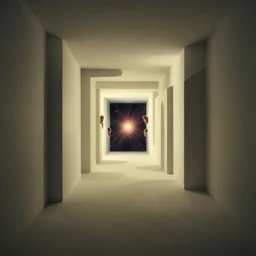 noisy color photograph of a liminal space in the style of MC Escher, hallways, abstract 3d render, minimalist, oddly familiar, cinematic, dramatic lighting, soft vintage glow, floating liquid, stretching to walls, supernova inside facility, scared faces emerging from darkness