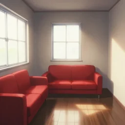 an apartment as seen from inside, light streaming through the windows in an anime style, red couch, small window, dark wooden floors.