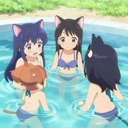 anime catgirls playing together in the pool