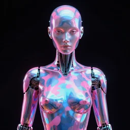 a masterpiece portrait photograph of a beautiful humanoid android by bill henson and hajime sorayama, forward facing, symmetrical composition, kodak portra 4 0 0, 5 0 mm, f 2. 8, chrome, dazzle camouflage, dayglo pink blue, glowing, prismatic, rendered in octane, trending on artstation