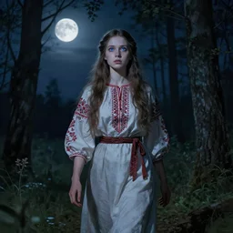 girl with blue eyes. walking in the forest at night. full moon. folk horror. hyper detailed. soviet propaganda. socialist realism. beautiful and eerie