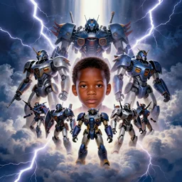 upper half portrait of an african boy inside a group of clouds witha mecha robot army behind him - surrounded by bolts of lightning with rays of light emanating from clouds - in drew struzan movie poster style, art by drew struzan & hsiao - ron cheng, highly detailed, digital painting, ray tracing, illustration, smooth, sharp focus, intricate, symmetry, artstation,
