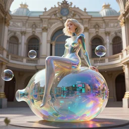 a beautiful ex machina girl sitting on an unfinished klein bottle sculptural, chroma iridescence, colors, glassy, reflective and refractive, soap bubbles floating, sitting on baroque theatre architecture background, morning light, biological data streaming