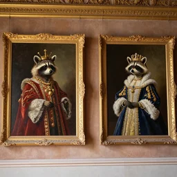 a wall in a royal castle. there are two paintings on the wall. the one on the left a detailed oil painting of the royal raccoon king. the one on the right a detailed oil painting of the royal raccoon queen.