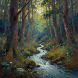 stream in twisted ancient woods. gouache fairytale art, russian romanticism, muted palette, psychedelic art, backlighting
