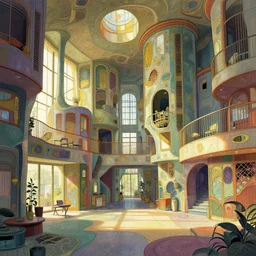 a photo of a concept architecture art house solarpunk indoor, style brutalism, extremely detailed, sharp focus, wide view, smooth, digital illustration, colorfull, by alphonse mucha