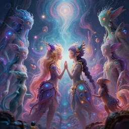 a psychedelic realm at the edge of existence where intensely creative astral beings live, the astral beings are embracing each other to share love, in the style of ruan jia, illustration, epic, fantasy, hyper detailed, smooth, unreal engine, sharp focus, ray tracing