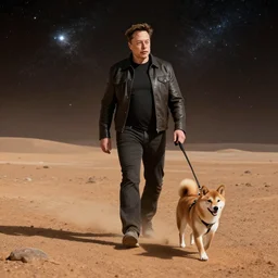 a realistic photography of Elon Musk walking a Shiba Inu dog on Mars, beautiful space, interstellar, 8k