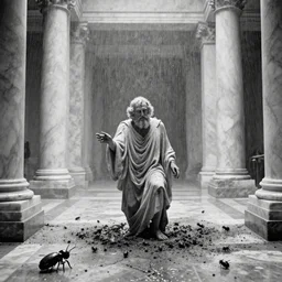 movie still of socrates frozen in a gigantic marble hall flooded with insects, cinestill 8 0 0 t black and white, by andrei tarkovsky, by piranesi very heavy grain, high quality, high detail, ultra wide lens, sharpness, flares, anamorphic, foggy, mud, rain