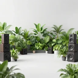 a large room covered with plants and speakers