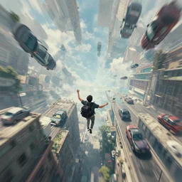 You see yourself descending from a building to the ground, You watch the sky receding, You spin to see the traffic rising up, fantasy, digital art, artstation