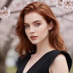 ultra detail, beautiful young woman, professionally retouched, auburn hair, black dress, high fashion, soft and elegant, cherry blossoms, focus on eyes, shallow depth of field