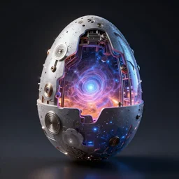 a mechanical egg being powered by cosmic fuel, digital art,