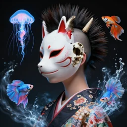 3 d photo realistic goddess close - up profile portrait punk with mohawk with ram skull. beautiful intricately detailed japanese crow kitsune mask and clasical japanese kimono. betta fish, jellyfish phoenix, bio luminescent, plasma, ice, water, wind, creature, artwork by tooth wu and wlop and beeple and greg rutkowski