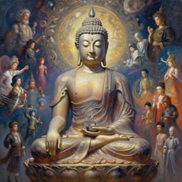 a scene of the buddha in between dimensions, nirvana mind, transcending the human form, digital painting, 4k wallpaper, intricate detail, brush strokes, masterpiece, by Ilya Kuvshinov, by Rembrandt, by Thomas Kinkade, by Moebius, By Tite Kubo, by Kentaro Miura, beautiful, gorgeous, hyperspace